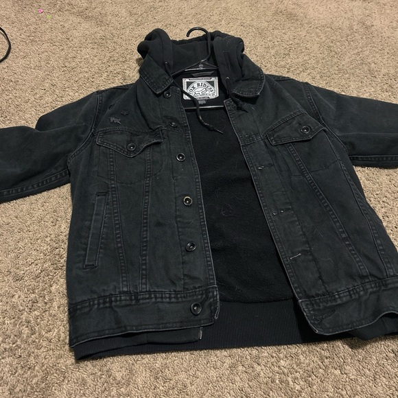 Fox Riders Denim Jean Mx Motorcycle Biker Black Hood Trucker Jacket Size Small - Picture 13 of 14